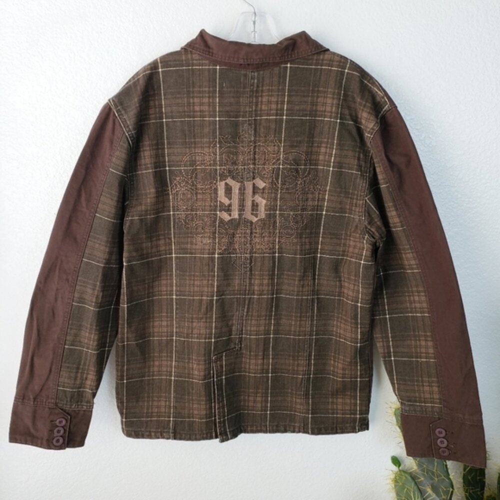 Vintage Oxygen Y2K Embroidered Jacket Chore Coat Plaid Cotton Shacket Brown XL